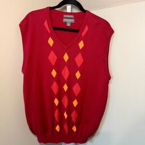 Lyle & Scott Mens Argyle V Neck‎ Sweater Vest Red Cotton Size L